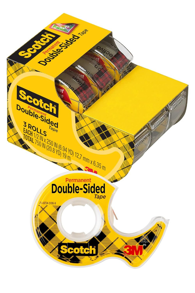 Scotch Double-Sided Tape, 1/2 in X 250 in (12.7 Mm X 6.35 M), 3 Pack