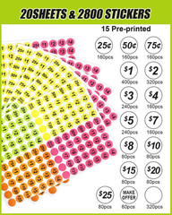 2800 Removable Garage Sale Stickers with 15 Pre-Printed Colorful Tags