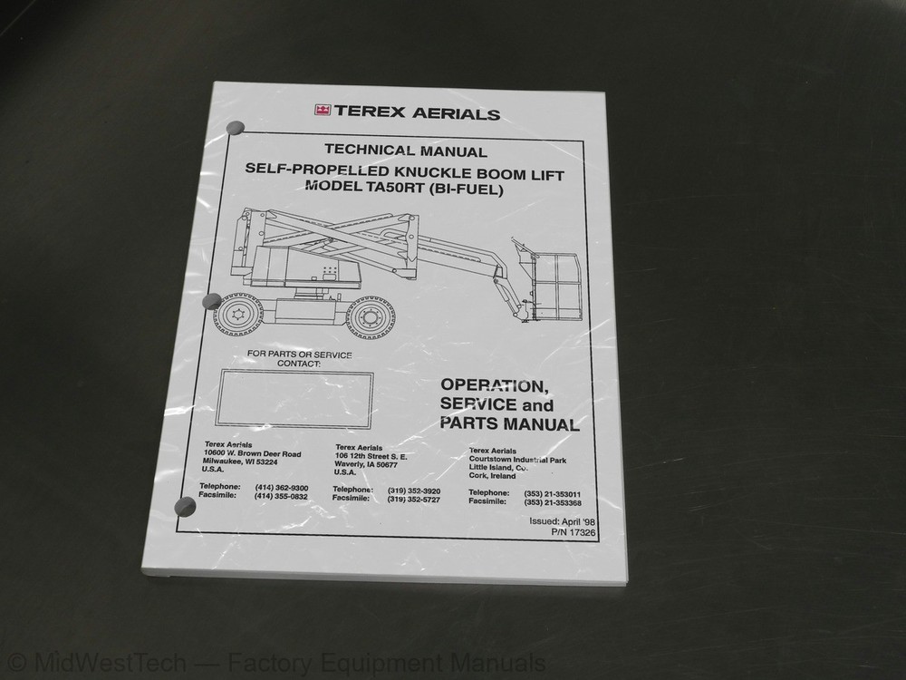 Terex TA50RT Bi Fuel Self Propelled Knuckle Boom Boom Lift Service Manual Book