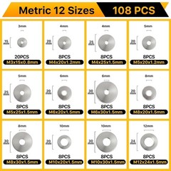 108Pcs 304 Stainless Steel Flat Washers, Fender Washers Assortment Kit 12 Sizes