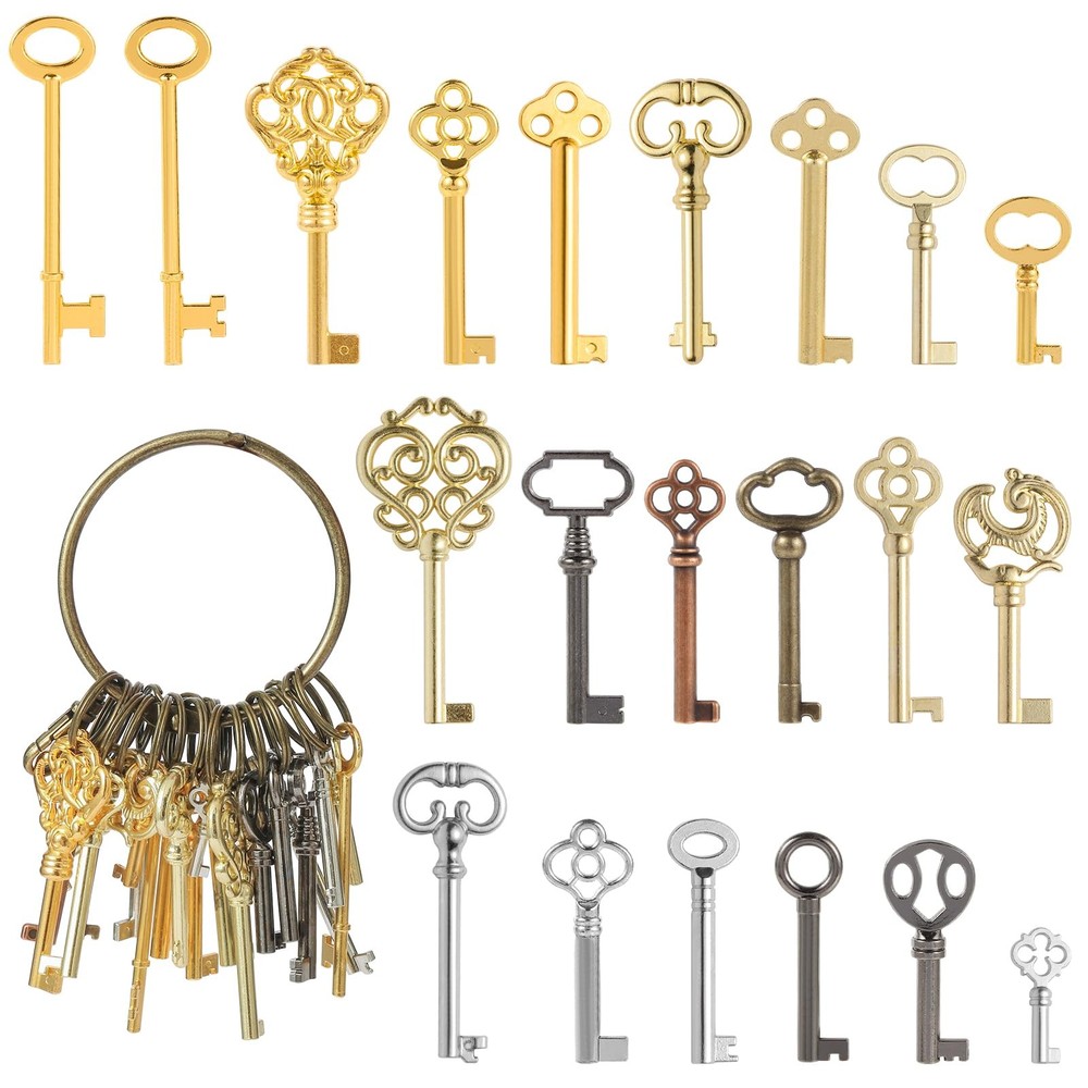 21PCS Hollow Skeleton Keys Antique Brass Zinc DieCast Decorative Furniture Lock