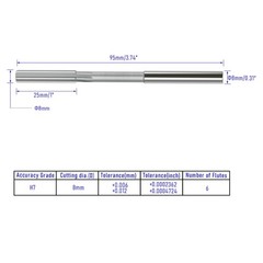 Chucking Reamer 8mm H7 HSS Cobalt M35 Lathe Machine Metric 6 Flutes Round Shank