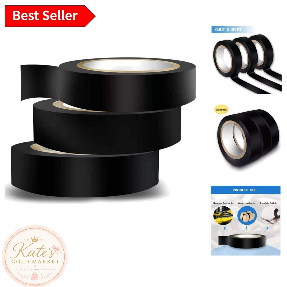 3PCS Black Electrical Tape – Flame Retardant, High Temp, 0.62 in x 49 ft Rolls