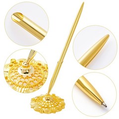 2Pcs Gold Wedding Pen and Metal Pen Stand Holder Set Signing Desk Ballpoint Pens