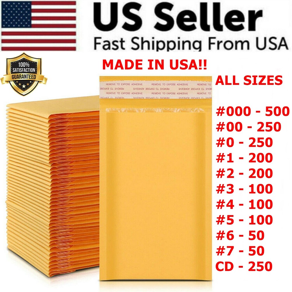 Yellow Kraft Air Bubble Mailer Padded Envelope Size 0 1 2 3 4 5 6 7 00 000 DVD