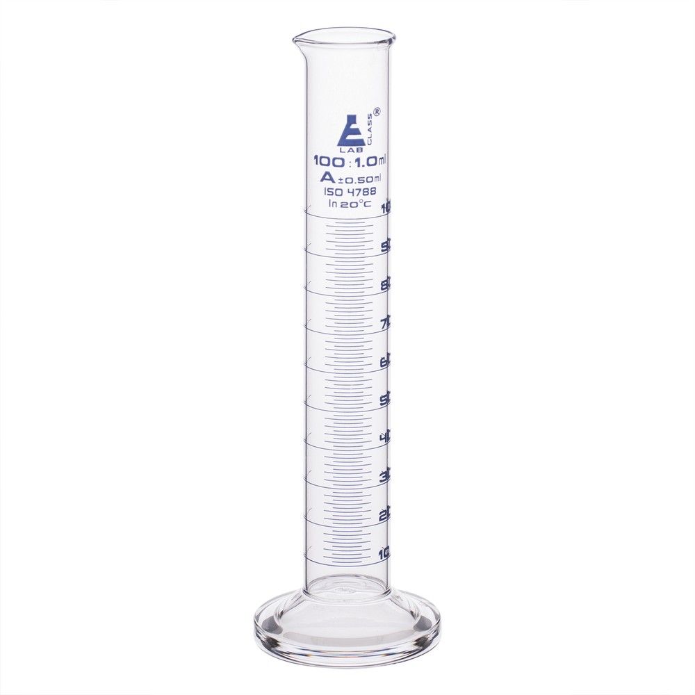 Eisco Labs 100ml Graduated Cylinder, Class A – Blue Graduations, Round Base
