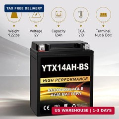 YTX14AH-BS 12V 12Ah AGM Sealed Motorcycle Battery, Maintenance-Free, Compatible