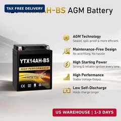 YTX14AH-BS 12V 12Ah AGM Sealed Motorcycle Battery, Maintenance-Free, Compatible