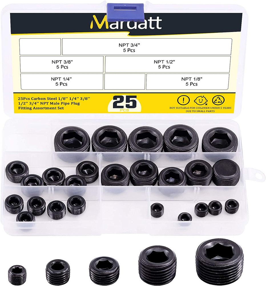 25Pcs NPT Plug Set Pipe Plug Assortment Kit 1/8″ 1/4″ 3/8″ 1/2″ 3/4″ Carbon Stee