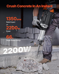 2200W Electric Jackhammer Heavy Duty, 1350 BPM Concrete Breaker 2Pcs Chisels Bi