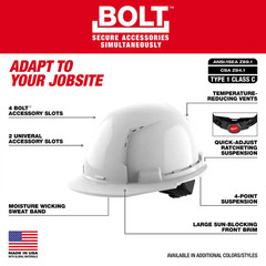 BOLT White Type 1 Class C Front Brim Vented Hard Hat with 4 Point Ratcheting Sus