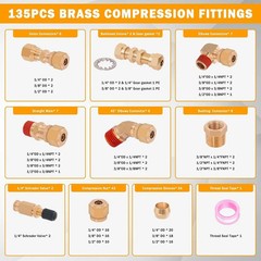 135 Pcs DOT Air Brake Line Fittings, 1/4″ 3/8″ 1/2″ Brass DOT Compression Air Ny