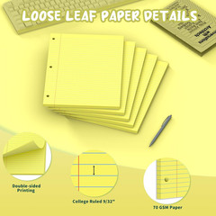 Yellow Loose Leaf Paper 8 X 10.5, 120 Sheets Lined Paper College Ruled Paper, 3