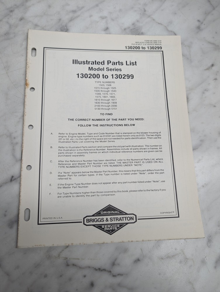 BRIGGS STRATTON 130200 TO 130299 ILLUSTRATED PARTS LIST MANUAL CATALOG BOOK 1987