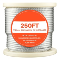 Uimoso Galvanized Carbon Steel Wire Rope 1/4 in 7×19, 250 ft Cable for Railing
