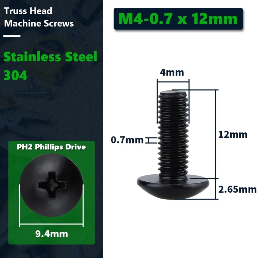 M4-0.7 x 12mm Truss Head Machine Screws, Stainless Steel 304, Black Coated Ph…