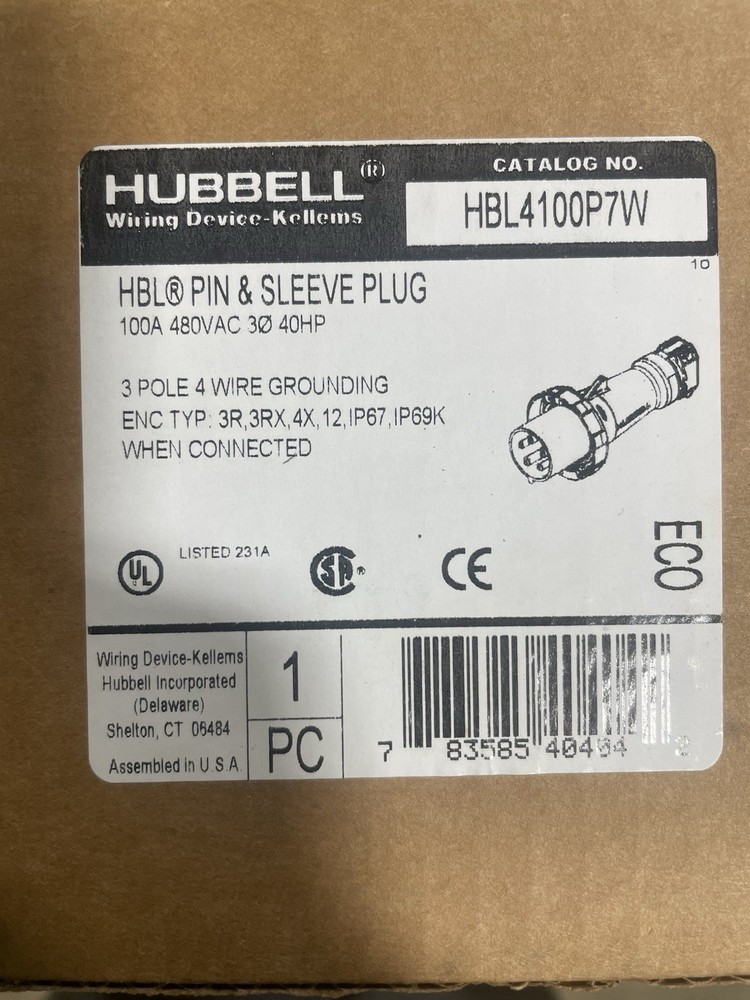 Hubbell HBL4100P7W Pin And Sleeve Plug 100a Amp 480v-ac 3p 4w