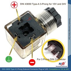DIN 43650 Type A 3 Prong Solenoid Connector Plug w/ LED Light Compatible 12V 24V