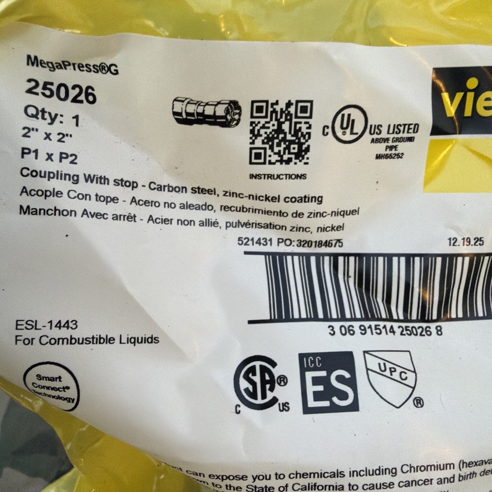 VIEGA MEGAPRESS 25026 MegaPressG Carbon Steel coupling With stop, 2″ x 2″ qt 2