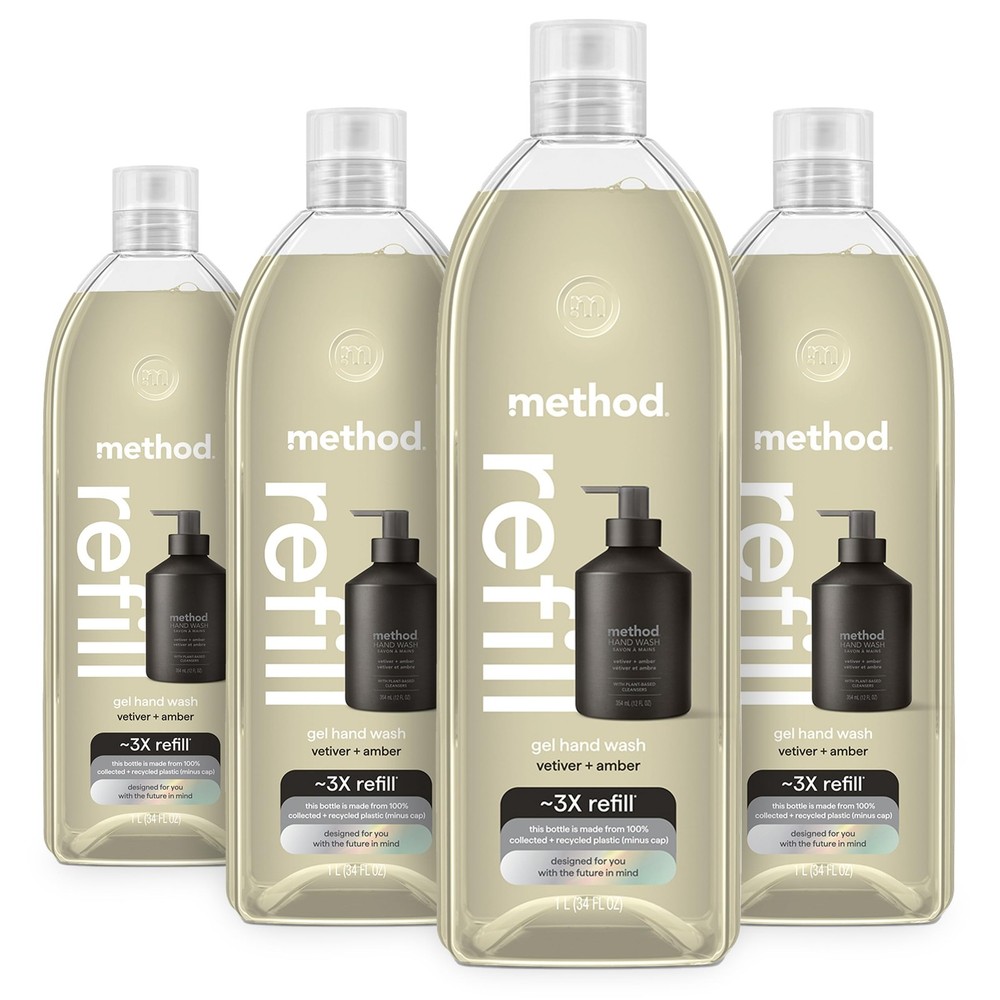 Method Premium Gel Hand Wash Refill, Vetiver + 34 Fl Oz (Pack of 4), clear