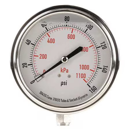 Commercial Pressure Gauge, 0 To 160 Psi, 3 1/2 In Dial, 1/4 In Npt, Bottom