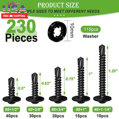 230PCS #8 Self Tapping Screws for Metal,410 Stainless Steel Self Drilling Screws