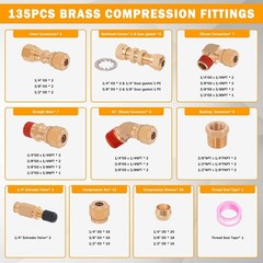 135 Pcs DOT Air Brake Line Fittings, 1/4″ 3/8″ 1/2″ Brass DOT Compression Air Ny