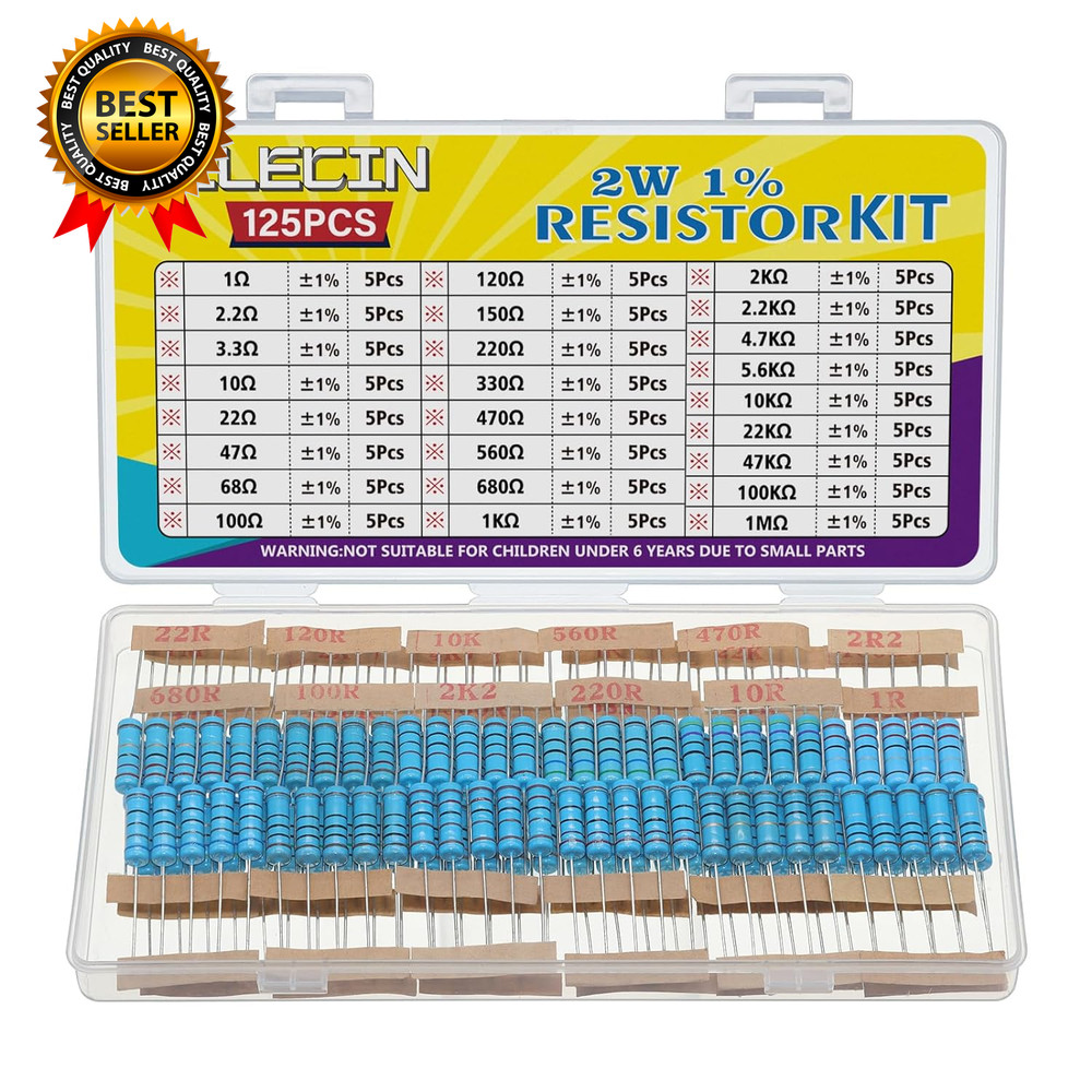 25 Values 2W Metal Film Resistor Kit from 1 Ohm to 1M Ohm 2 Watt 1% Resistors