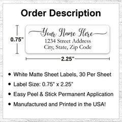 60 Return Address Labels Personalized Printed 3/4″ x 2 1/4″ Swash Script