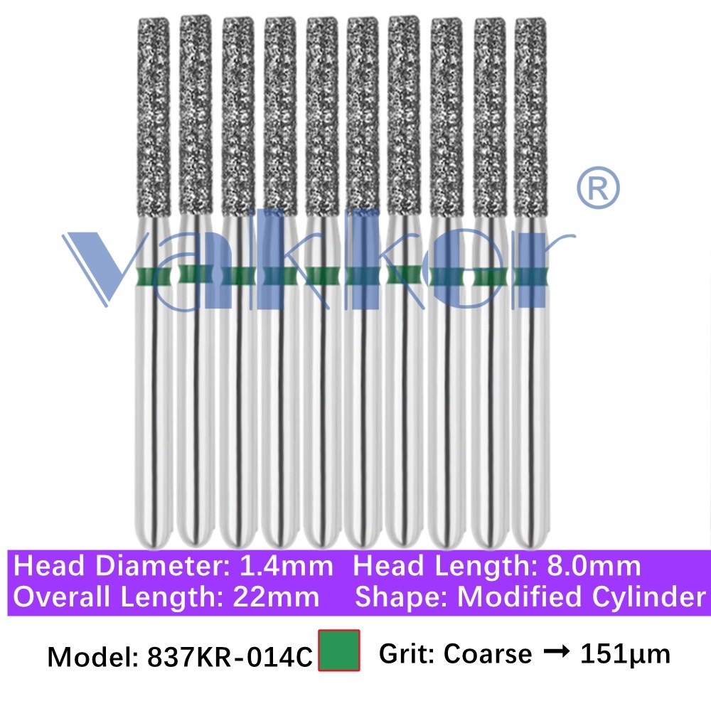 10/Pk Dental Modified Cylinder Diamond Burs 837KR-014C Friction Grip Coarse Grit