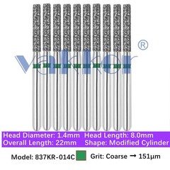 10/Pk Dental Modified Cylinder Diamond Burs 837KR-014C Friction Grip Coarse Grit
