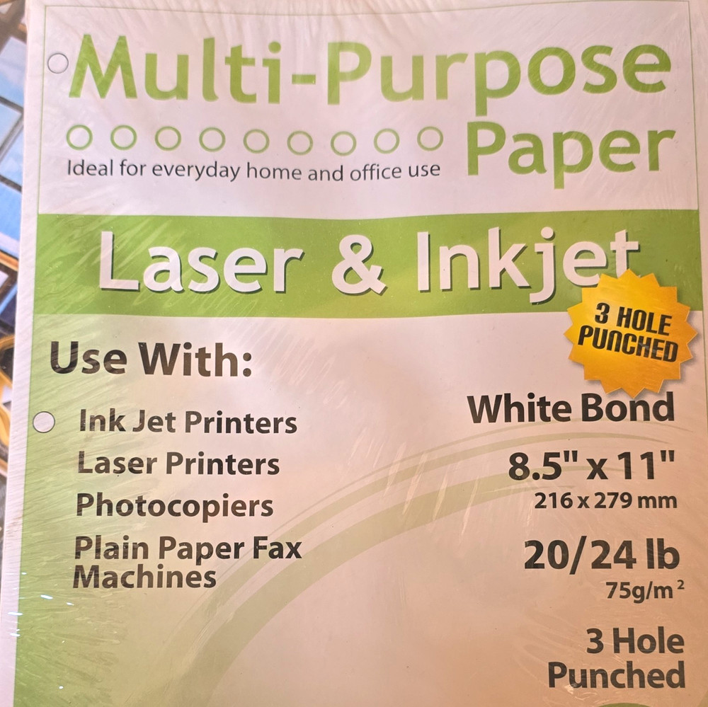 Multi-Purpose White Copy Paper 8.5 x 11, 500 Sheets, 3 Hole Punched. 3 Available
