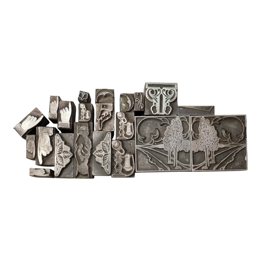 21 Vintage Art Deco Printer Blocks Telephone Hands Moon Landscape Letterpress