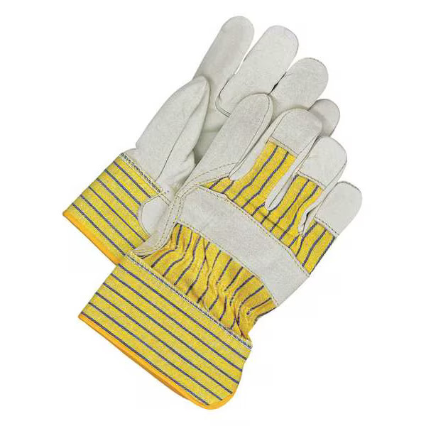 Leather Gloves, Cowhide, Safety Cuff, Wing Thumb, Full Finger, Blue/Tan/Yellow,