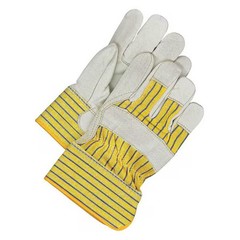 Leather Gloves, Cowhide, Safety Cuff, Wing Thumb, Full Finger, Blue/Tan/Yellow,