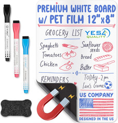 Magnetic Dry Erase White Board Sheet for Fridge 12X8 In, with Stain Resistant Te