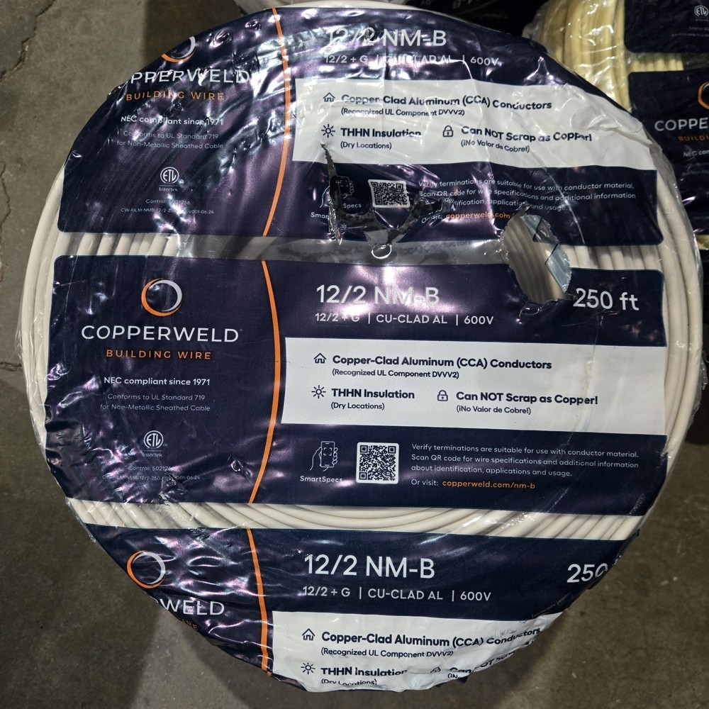 Copperweld 12/2 NM-B 12/2 + G | CU-CLAD AL | 600 V 250 FT Copper Clad Aluminum