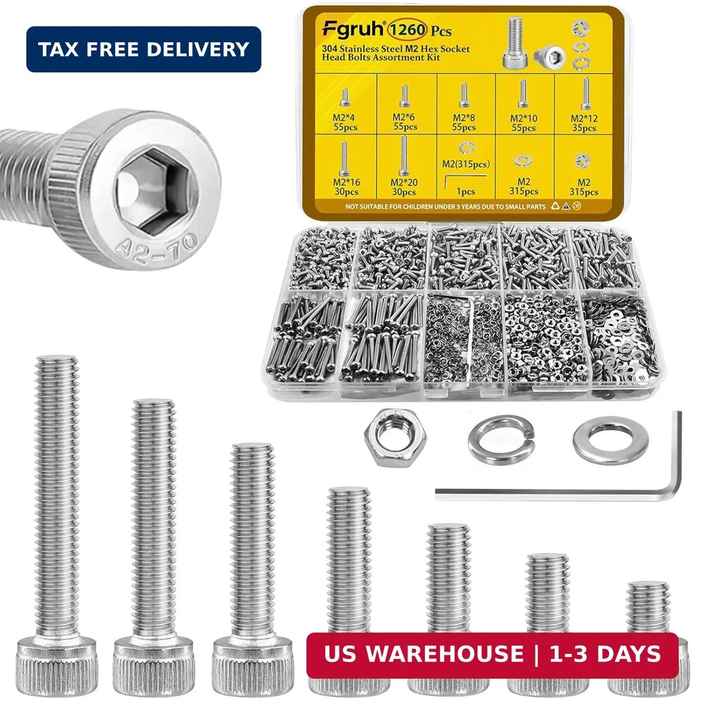 1260pcs M2 Screw Assortment kit, M2*4mm/6mm/8mm/10mm/12mm/16mm/20mm 304 Stainles