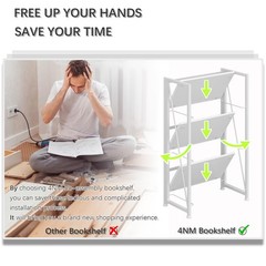 4Nm No Assembly Folding Bookshelf Storage Shelves 3 Tiers Vintage Bookcase
