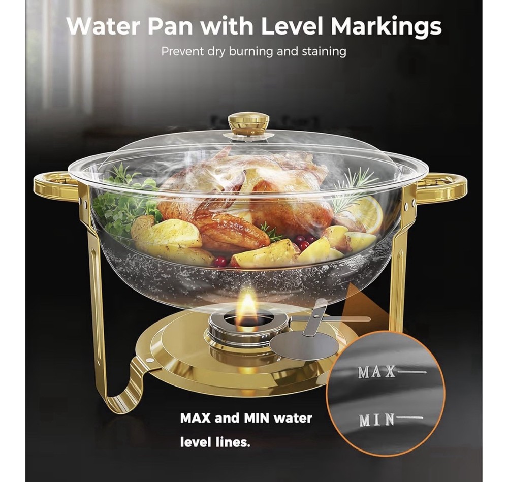 Round Stainless Steel Chafing Dish with Brass Accent Lift-Off Lid