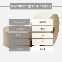 5 Rolls Kraft Reinforced Gum Tape 70mm x 450′ Wolverine Tape 3.0 [5.5 Mil]