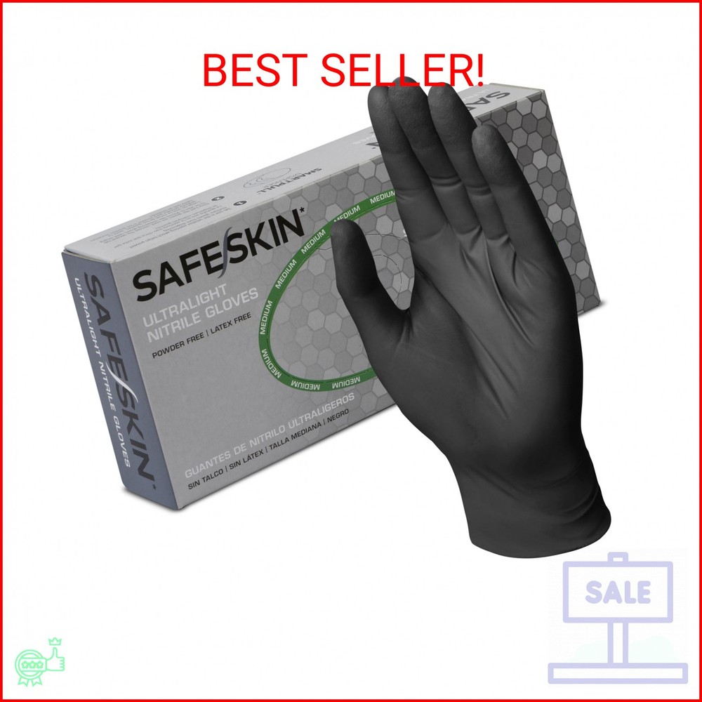 SAFESKIN Ultralight Disposable Nitrile Gloves – 2.0 Mil, Black, Large, 100 Count