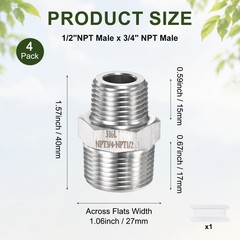 4-Pack 304 Stainless Steel 1/2″NPT Male x 3/4″ NPT Male Hex Nipple Pipe Fitting