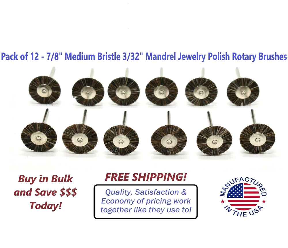 Pack of 12 – 7/8″ Medium Bristle 3/32″ Mandrel Jewelry Polish Rotary Brushes