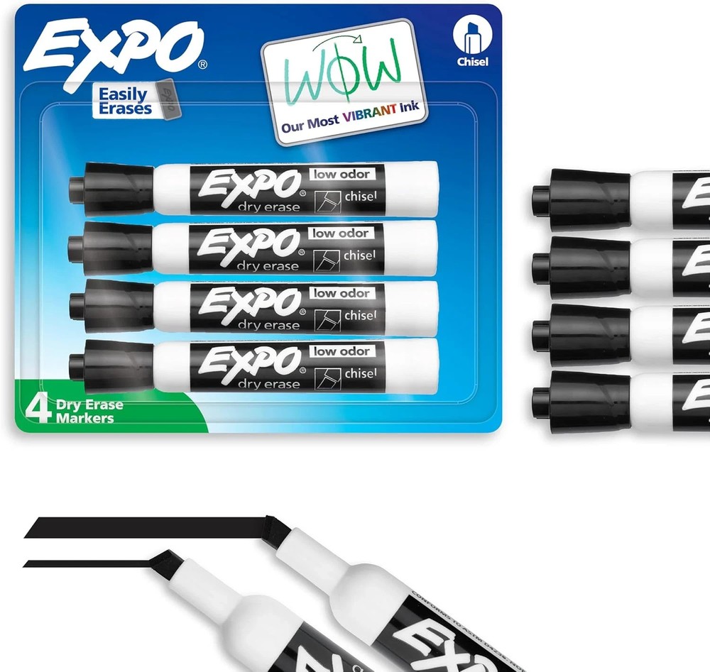 EXPO Low Odor Dry Erase Markers, Black Chisel Tip, 4 Count for Office & School