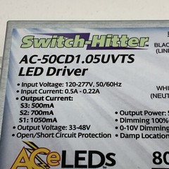 ACE AC-50CD1.05UVTS Dimming 50W LED Driver Switchable 500-700-1050mA, 33-48VDC