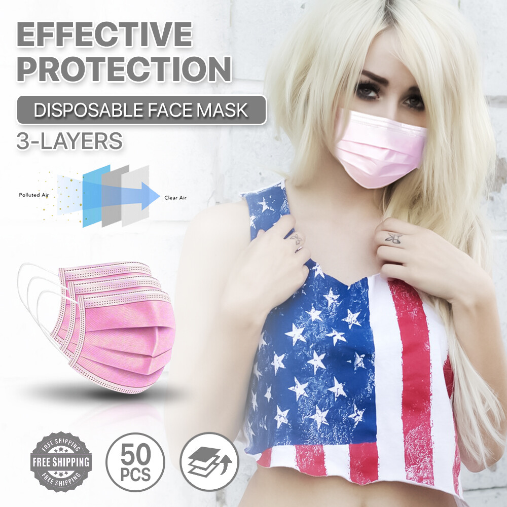 [Pink] 50pc Disposable Face Masks 3-Ply Non Medical Surgical Earloop Mouth Cover
