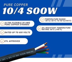 100 Ft. 10/4 10 AWG Gauge 4 Conductor SOOW Cable Wire 600V Portable Power Cable