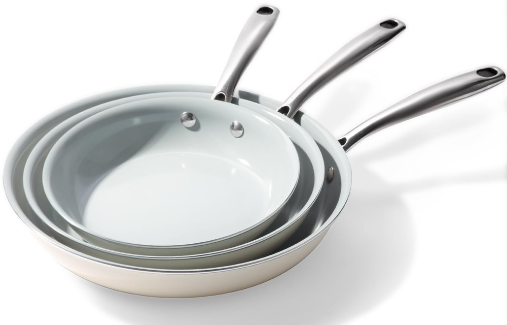 Cookersway Cookware Ceramic Nonstick Frying Pans: 3Pieces 8″x9.5″x11″, Beige