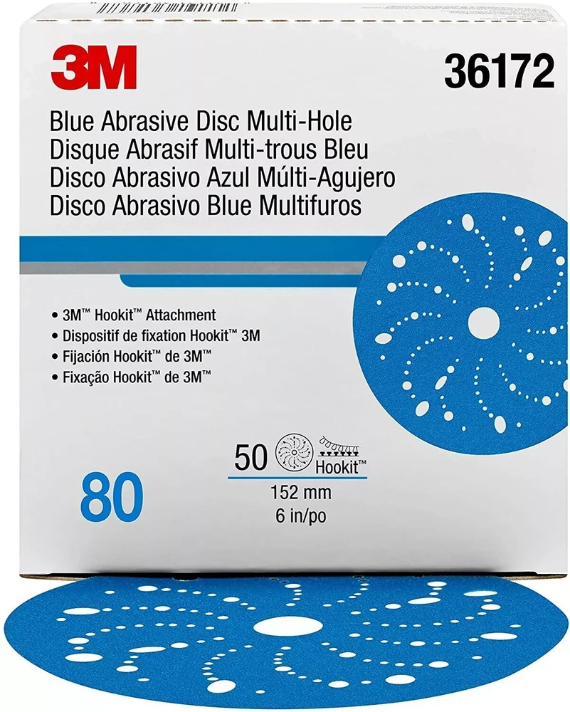3M Hookit Blue Abrasive Disc Multi-hole, 36172, 6 in, 80 grade, 50 discs